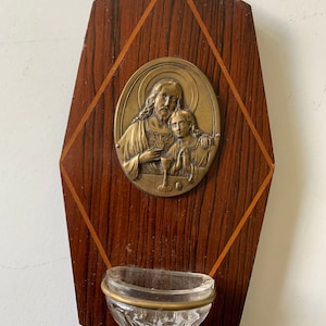 French Vintage religious Holy Water dish Benitier Jesus wood brass plaque Sign Oval plaque spirituality religion catholic church décor