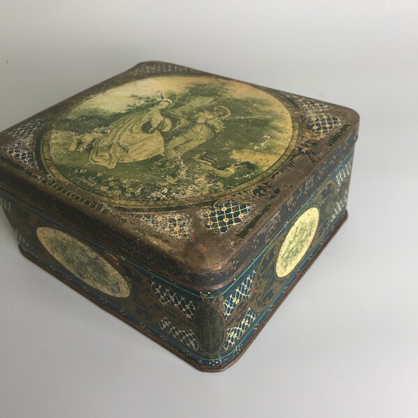 French antique tin can  metal box Victorian style small container