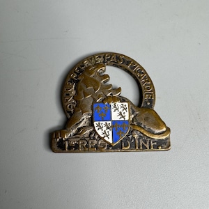 Military French vintage Badge, 1 Rgt. Infantry Delannoy sculptor Paris militaria souvenir enamel and brass mixed metal- tiger design emblem