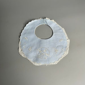 French antique baby bib blue floral design lace and cotton baby cloth