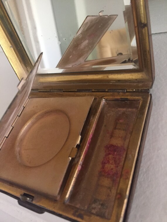 French Victorian compact powder with mirror lipst… - image 3