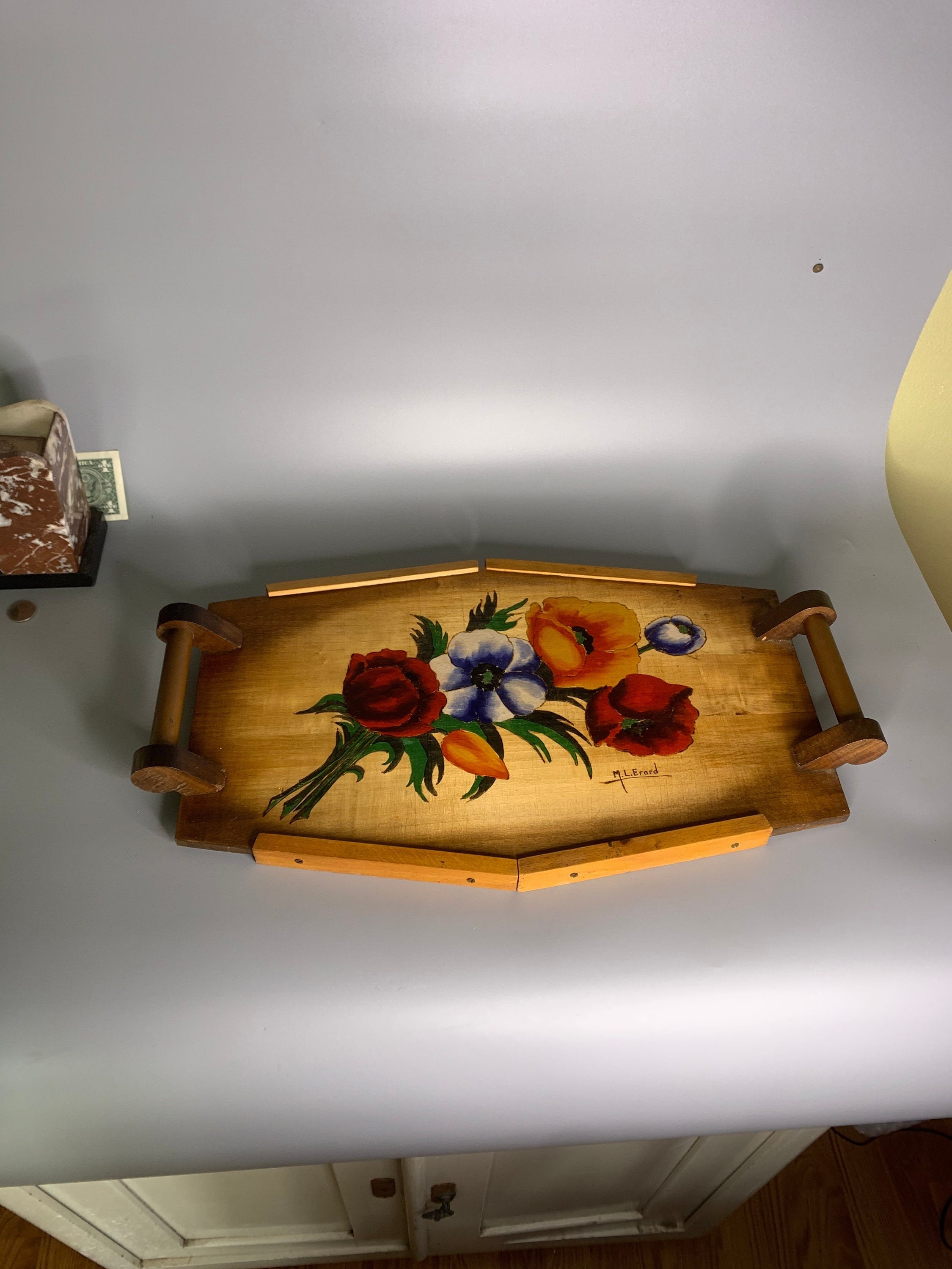 Plateau De Service En Bois Avec Incrustations De Nacre - Motif Floral, 22,8 X 14,8 Pouces