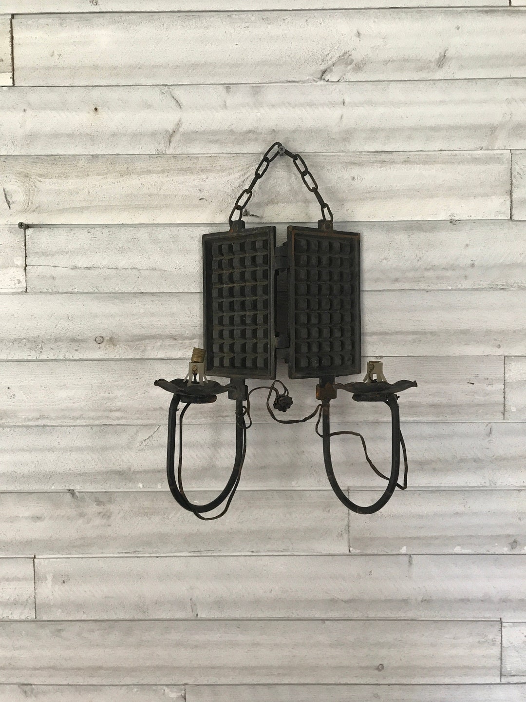 French Vintage Light Fixture Waffle Maker Cast Iron Made Into a Light
