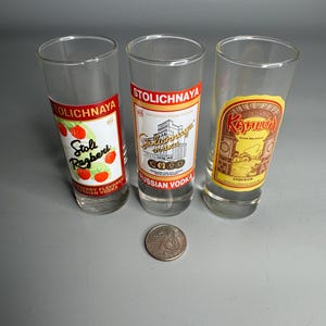 以下が含まれることがあります： ラベル付きの透明なショットグラスが3つ。1つはラズベリーのイラストが入った「Stoli Razberi」、もう1つは「Stolichnaya Russian Vodka」、3つ目は「Kahlua Liqueur」と書かれています。グラスの前に硬貨があります。