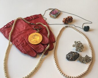keychain keychainlot French Vintage Victorian Jewelry Brooches earring necklace 10 lot items key holder Gloves pearl necklace