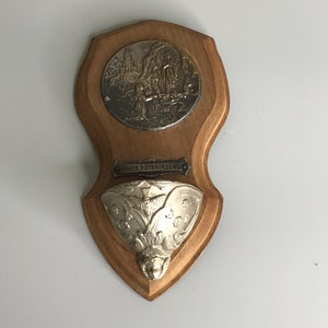 French vintage wall hanging wood and Silver platted holy water bowl Lourdes religious souvenir