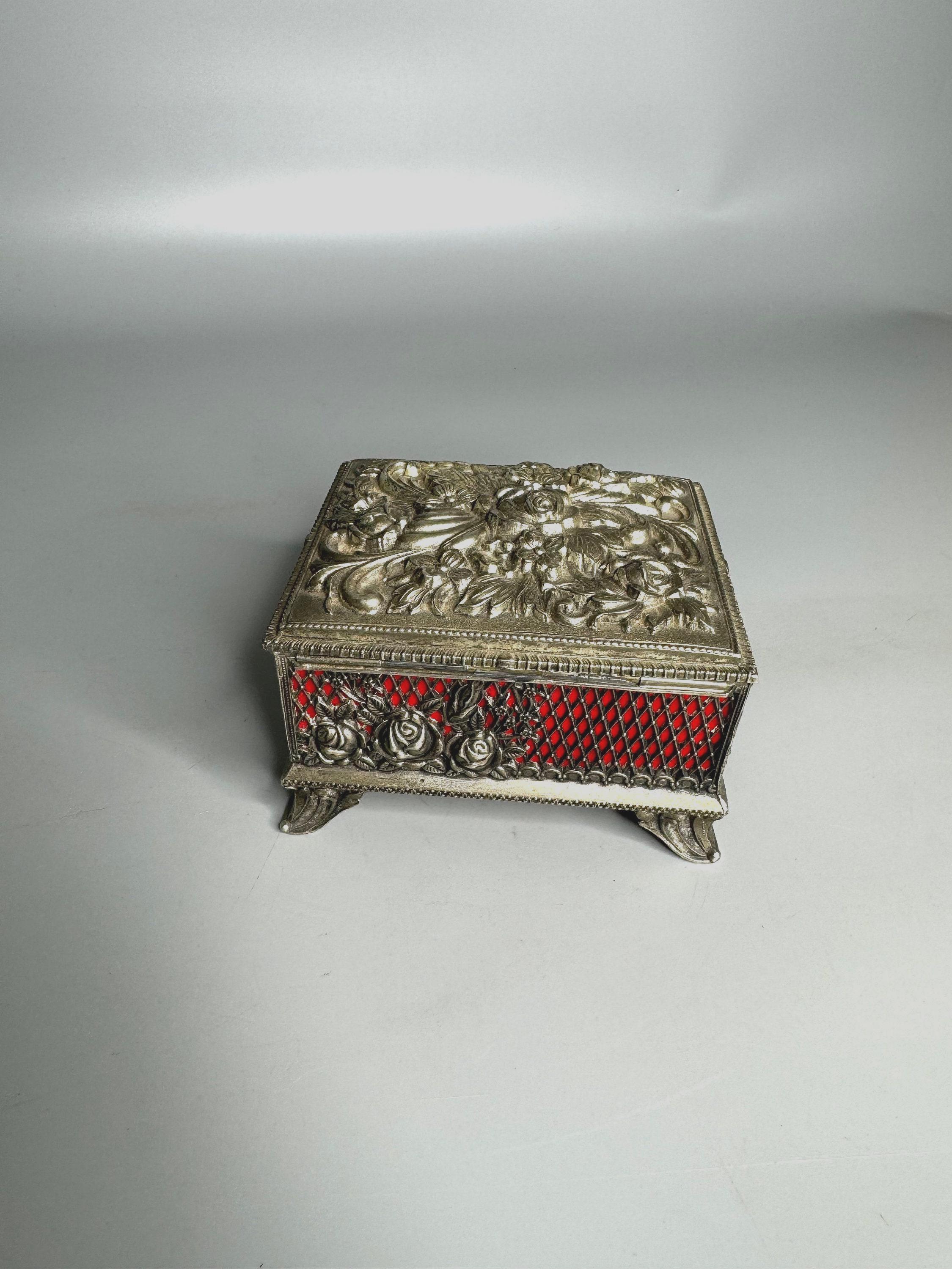 Japanese Vintage Metal Alloy and Red Velvet Jewelry Box Rose