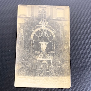 French vintage black and white postcard religious gathering Juesus Christ on cross