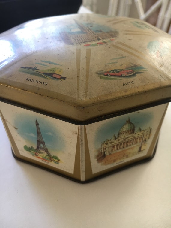 french vintage tin can Cote d'or chocolat 1958 Bruxelles Brussels 58 mi-century hexagonal candy container home decor Belgium souvenir event