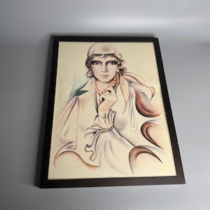 Sara Moon style vintage portrait painting framed picture of woman with scarf brown metal frame Art Deco style - no signature
