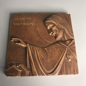 French vintage Plaster religious wall hanging decoration &quot;Je benirai vos maisons..  I will bless your homes &quot; Jesus Catholic church décor