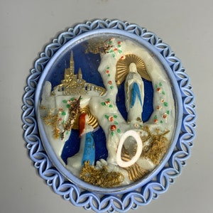 French vintage religious bombed glass Virgin Mary Lourdes souvenir