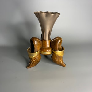 French vintage wood and brass color metal vase clog shoe Lourdes souvenir religious