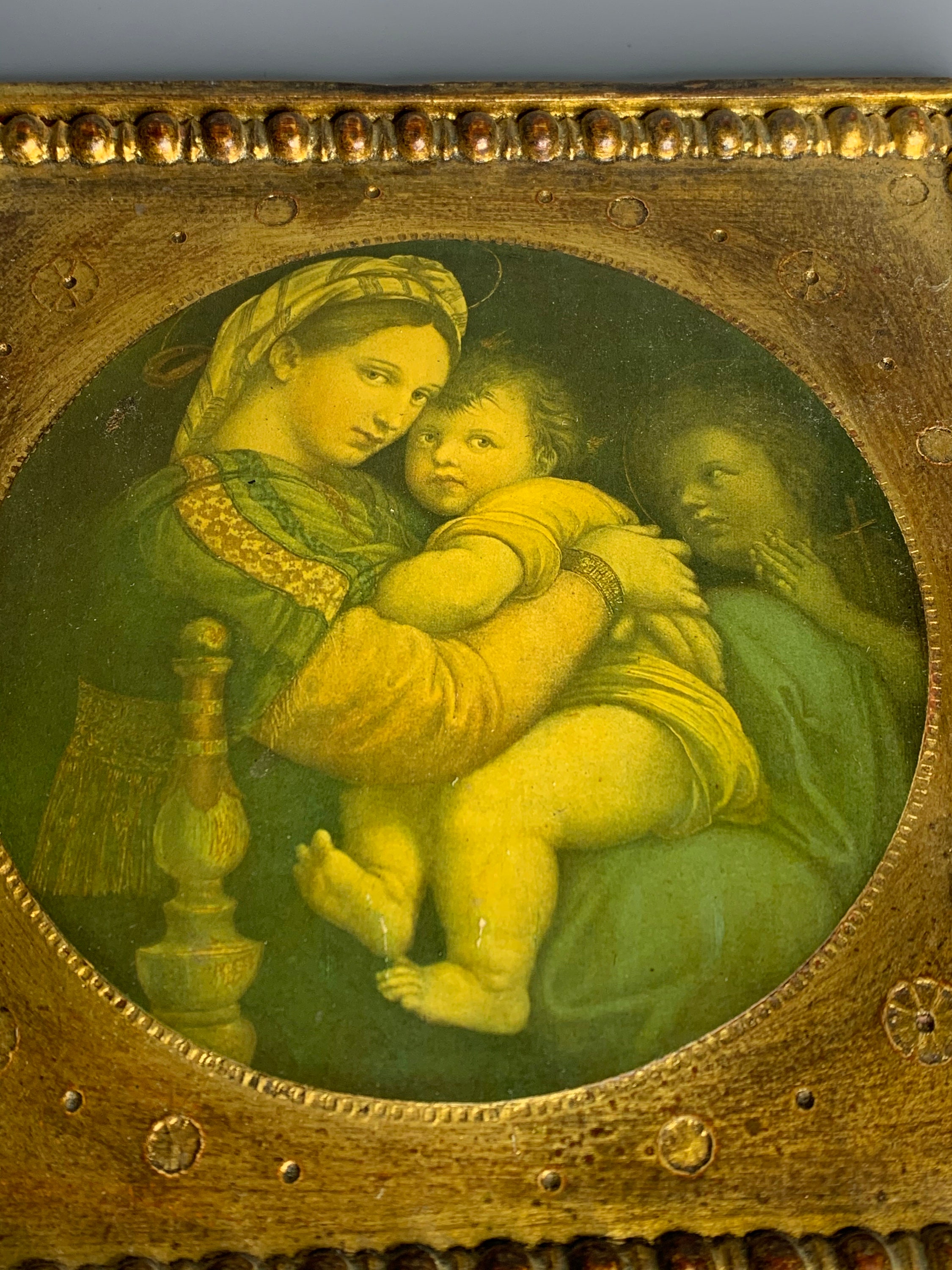 Madonna Della Sedia, portrait ancien encadré, peint à la main sur porcelaine