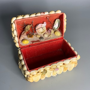 French vintage knick knack seashell box with velvet inside jewelry box trunk design