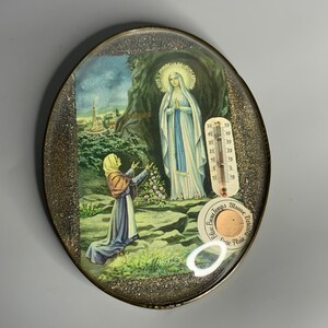LOURDES French vintage thermometer wall hanging religious Lourdes bombed glass souvenir decoration