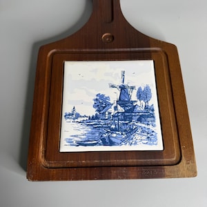 Vintage Dutch-themed wooden trivet Delft blue ceramic tile souvenir windmill