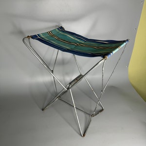French vintage camping chair metal and cloth children&#39;s blue and cyan beach chair doll folding chair strapped