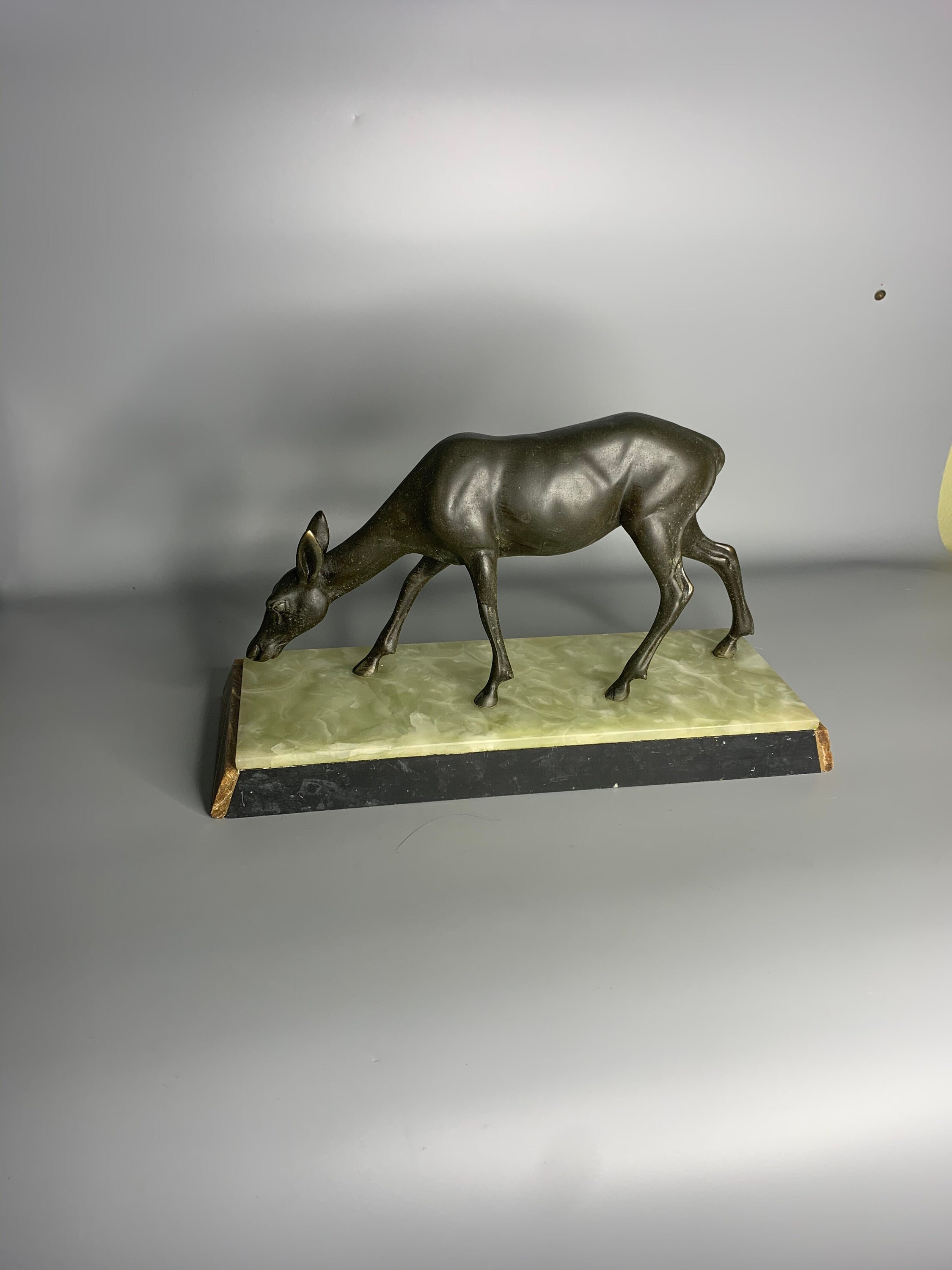 French Art Deco Onyx Marble Fawn Spelter Decoration Statue Renee Rochard Style No Signature