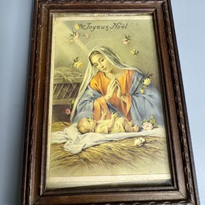 French vintage picture framed religious Joyeux Noel - Christmas nativity scenery