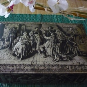 French Vintage tin can antique Victorian metal old Tin Box with late century scenery