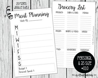 A5 and Personal Size Planner Insert: Meal Planning and Grocery List | Kikki K, Filofax, Webster Pages | #010