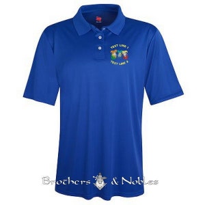 May include: Royal blue polo shirt with an embroidered design of three cartoon figures. The text "TEXT LINE 1" and "TEXT LINE 2" is embroidered below the figures.