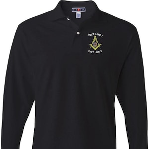 May include: Black long-sleeve polo shirt with an embroidered Masonic symbol and the text "TEXT LINE 1" and "TEXT LINE 2".