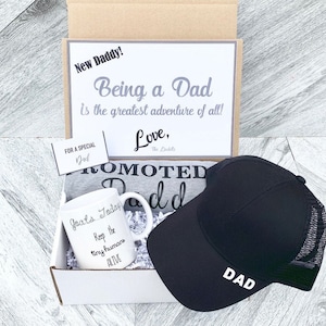 New Dad Gift Set - Dad Hat - Dad shirt - Dad Mug - Promoted to Daddy Gift Box with Personalized Message