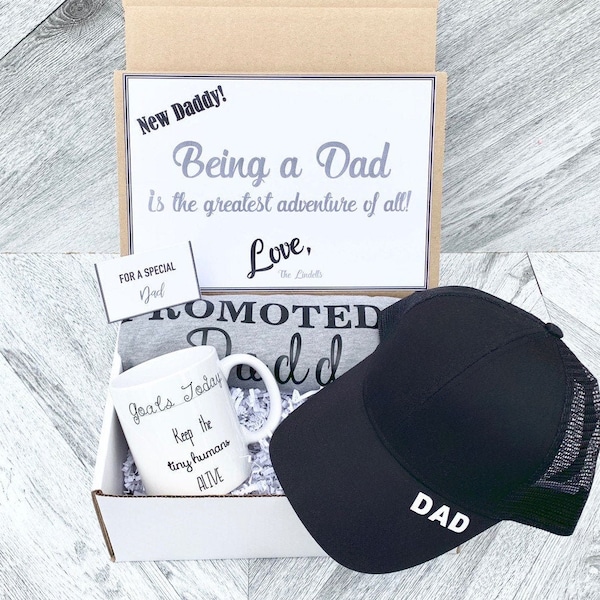 New Dad Gift Set - Dad Hat - Dad shirt - Dad Mug - Promoted to Daddy Gift Box with Personalized Message