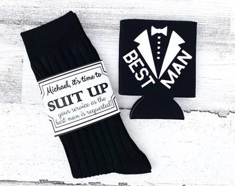 Best Man Socks and Drink Coolie - Will you be my best man- Best Man service requested - Suit up Best Man socks - Best Man proposal