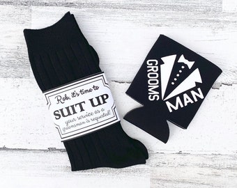 Groomsman Socks and Drink Coolie- Will you be my Groomsman- Groomsman service requested - Suit up groomsman socks - groomsman proposal