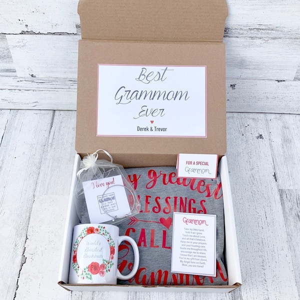 Grammom Gift Box - Mommom Gift Set - Shirt, Mug and Bracelet Set in Gift Box with Note - Customizable