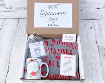 Grammom Gift Box - Mommom Gift Set - Shirt, Mug and Bracelet Set in Gift Box with Note - Customizable