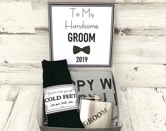 Groom Gift Box - Personalized Groom Box - In Case you Get Cold Feet - Bride AND Groom Mug Set - Happy Wife Happy Life Groom Shirt