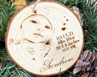 Photo Ornament - Personalized Wood Engraved - Laser Engraved Photo Ornament - Baby Stats Ornament