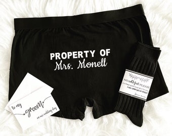 Groom Boxer Briefs, Socks and Card for the Wedding Day - Groom Gift from Bride - Funny Groom Gift - Property of The Bride