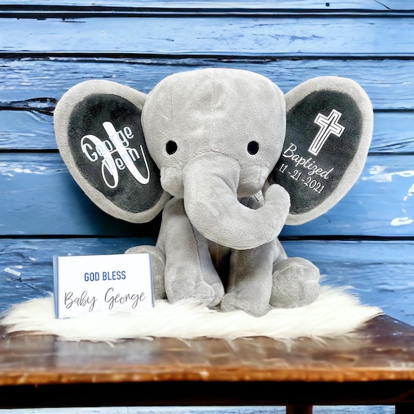 Baptism Gift Baby Elephant for New Baby - Stuffed Animal Elephant with Baby Baptism Date