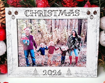 Christmas Frame 2024 - Wooden Name Engraved Christmas Frame - Rustic White Frame - Real Glass