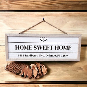 Home Sweet Home Family Sign - Add last name and or address/long/lat coordinates Decor - Laser Engraved Framed Wooden plank sign