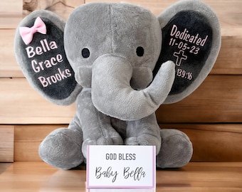 Baby Dedication Gift -  Baby Elephant for New Baby - Stuffed Animal Elephant with Baby Dedicated Date