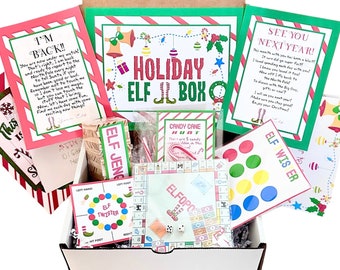 Elf Games  - Holiday Elf Props Set- Elfopoly, Elf Twister, Elf Candy Cane Hunt, Elf Blocks and Letters to Santa -Christmas Elf Toy Kit
