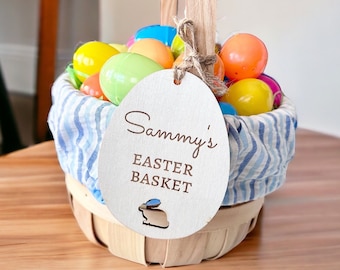 Easter Basket Wooden Name Tag - Wood Engraved Personalized with name - Easter Basket Name - 4.7 inch Egg with Twine