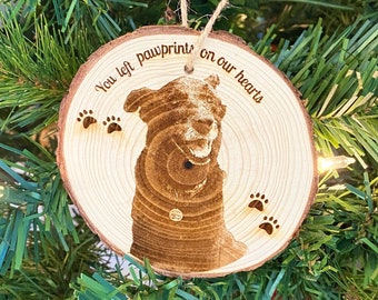 Personalized Memorial Dog Ornament - Wood Engraved - Picture Dog Ornament - Pawprints on my Heart - Pet Memorial