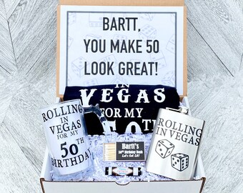 50 Vegas Birthday Gift - Rolling in Vegas - Fifty and Fabulous - 50 Look Great - Vegas Shirt- Glass Drink Jug - Marches and Chapstick