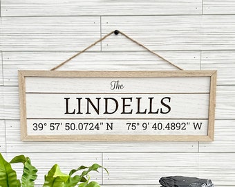 Coordinates Family Name Sign - Longitude and Latitude Decor - Laser Engraved Framed Wooden Plank - Where we were married