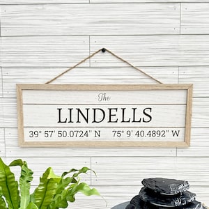May include: A wooden sign with the text "The Lindell's 39° 57' 50.0724" N 75° 9' 40.4892" W" hanging on a white wood wall. A small black stone tabletop fountain with a round base sits on a wooden surface in front of the sign.