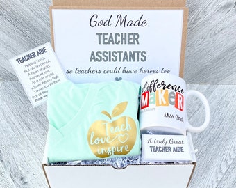 Teacher Aide Gift Box Set - Personalized Teacher Assistant Gift - Teacher Aide Gift Set with Teacher Aide Mug, shirt, and Cards