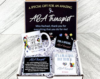 ABA Behavioral Therapist Gift Box - Personalized Autism Teacher Gift -  Gift Set with Mug, Bracelet and Cards - Changing lives one session