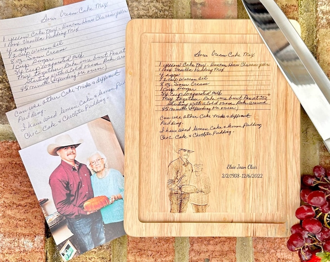 Featured listing image: Recipe Engraved Custom Cutting Board - Add a Photo, Recipe, Handwritten Note to your Board- Personalized Cutting Board